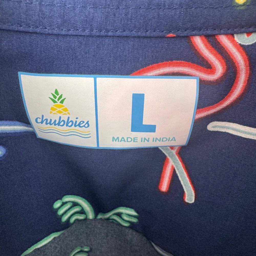 Chubbies Mens Large Neon Flamingo Palm Tree Tropical Navy Short Sleeve Shirt‎ L